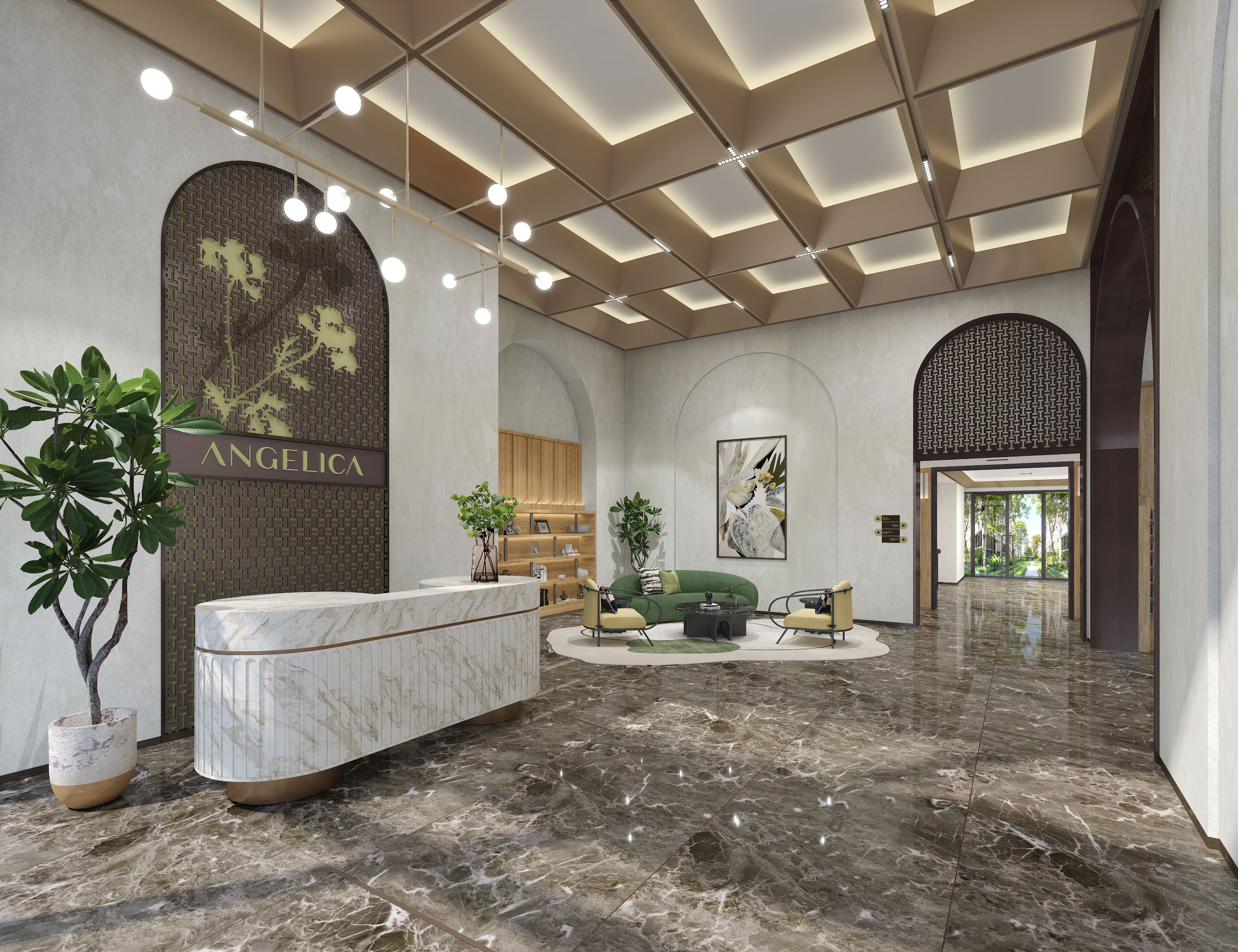 Marble residential lobby with arched portals and soft greenery