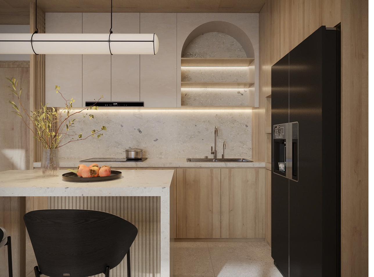 Arched stone alcove with lit shelving above the kitchen counter